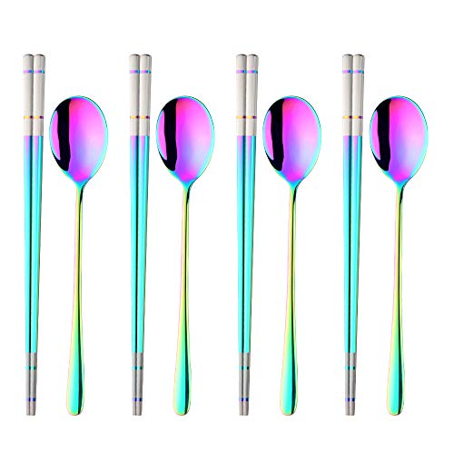 Buyer Star 4 Set Rainbow Square Chopsticks and Spoons Set Metal Stainless Steel Spoons Chopsticks Set - color: rainbow-square chopstick and spoon