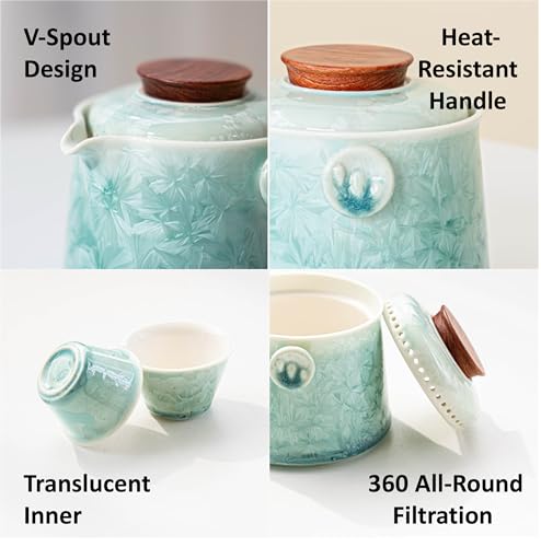 Hermit Life Chinese Travel Tea Set, Portable Ceramic Teapot for One to Two, Gongfu Tea Set with Crystal Glaze, 1 Pot 2 Cups, Gift for Tea Lovers (Mint Green) - color: Mint Green