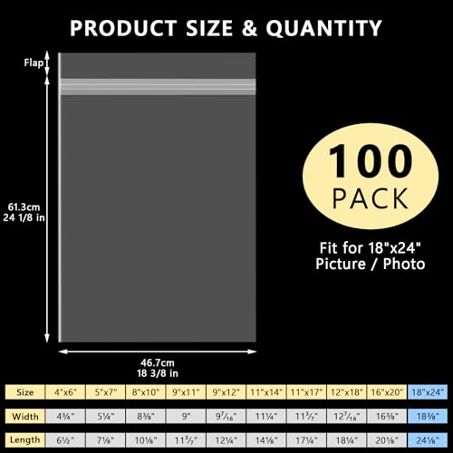 AUEAR 18"x24" Clear Plastic Sleeves Storage Bags for Art,Pictures, 100 Pack - size: 18 x 24 inches