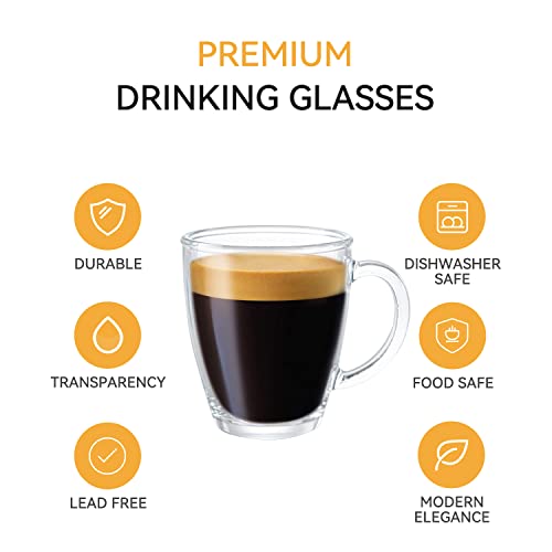 D.M DESIGN·MASTER [6 Pack,12 OZ] - Premium Glass Coffee Mugs with Handle, Transparent Tea Glasses for Hot/Cold Beverages, Perfect for Americano, Latte or Macchiato, Beverage.