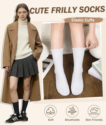 Justay 6 Pairs Ruffle Socks Women, Crew Cotton Frilly Boot Socks - color: White Black
