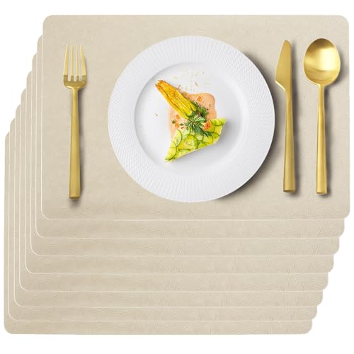 Beige Plastic Placemats Set of 8, Faux Leather Waterproof Table Mats - color: Beige