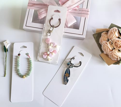 100 Set Keychain Display Cards with Bags,Jewelry Packaging Blank Hanging Cards for Selling - color: White 5.9"x2"