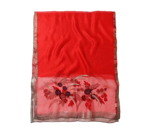 Jeelow Long Silk Blend Embroidered Floral Shawl Scarf Wrap for Women - color: Scarlet Whisper