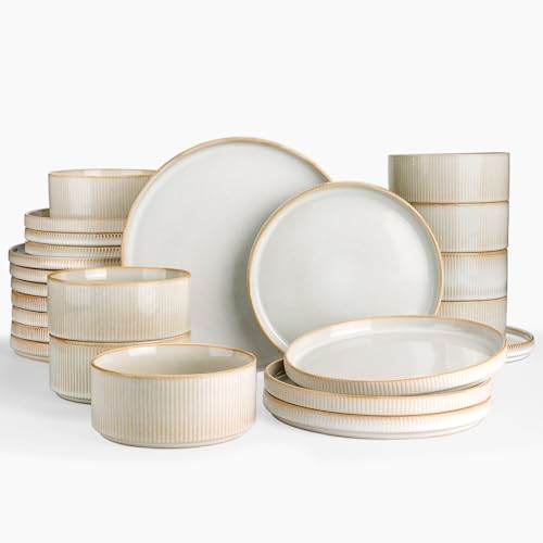 Famiware Star Stoneware Dinnerware Sets for 8, Reactive Glaze Plates, Bowls - color: Cappuccino White