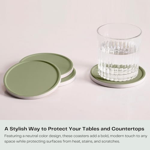 Set of 6 Olive Green Coasters with Holder, Absorbent Ceramic Drink Coasters with Cork Backing for Table Protection, Table Decor, Housewarming Gifts - color: Olive Green