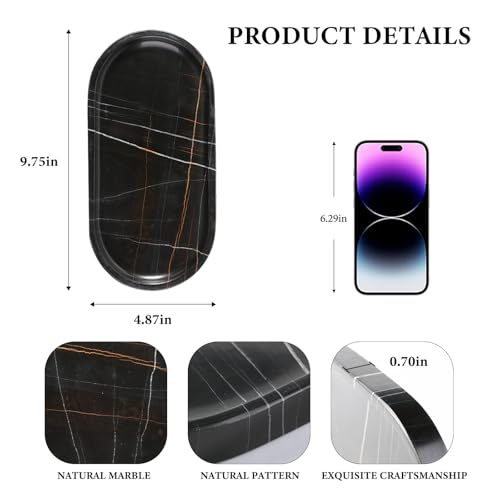 Koville Black Marble Vanity Tray for Bathroom Countertop, 10"x5" Natural Marble Catchall Tray Perfume Trays for Dresser, Stone Jewelry Dish Candle Holder for Home Decor, Stone Oval Trays - color: Noiraziza Black