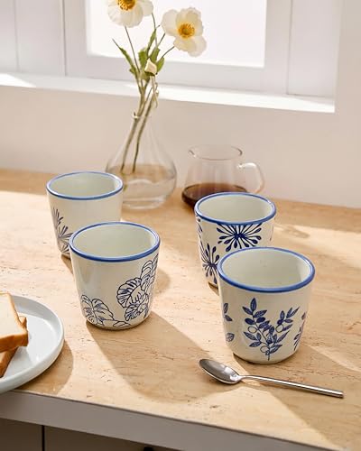 6 oz Japanese Tea Cups, Matcha Cups Ceramic, Handless Espresso Cups - color: Blue-Plants 2