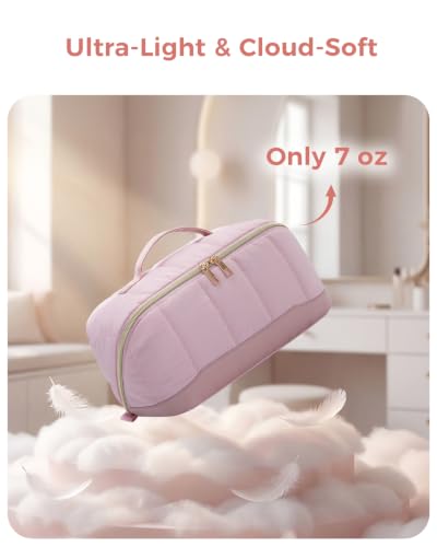Makeup Bag for Women, Open Flat Puffy Organizer with Wipe-Clean PVC Lining - color: Pink