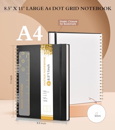 Dotted Notebook, Spiral Notebook Journal 8.5” x 11”, A4 Large Dot Grid Notebooks for Women Men, 100 GSM Dotted Paper, Plastic Hardcover Spiral Bullet Journals for Work School Sketching, Black - color: Black, size: Dotted