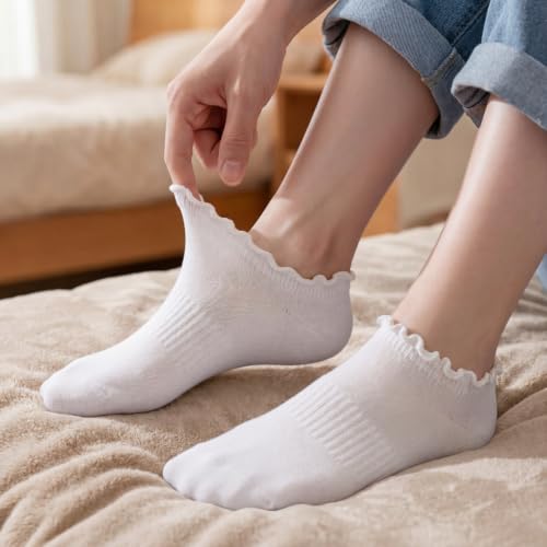 6 Pairs No Show Socks for Women Ruffle Socks Cute Ankle Socks - color: White（6 Pairs）