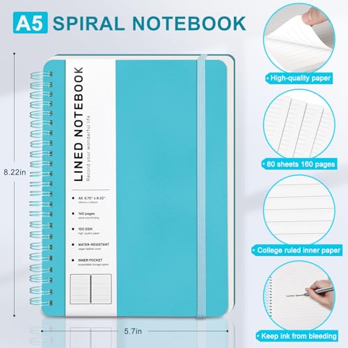Lined Spiral Journal Notebook, A5 Hardcover Leather Notebook for Work, 5.7''×8.2'', 100GSM Thick Paper Spiral Bound Journaling Notebooks for Women & Men Office School Note Taking Business, Sky Blue - color: Sky Blue, size: A5
