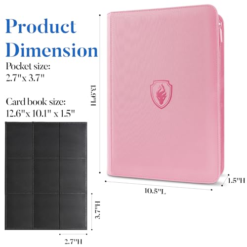 Premium Zip Card Binder, Fabmaker 9 Pocket Trading Card Binder PU Cover - color: Pink, size: 9 Pocket - 13.9" x 10.5"