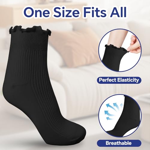 Jeffbaubl 6 Pairs Womens Ruffle Socks, Turn-Cuff Frilly Sock, Cute Ruffle Ankle Socks, Soft Breathable Lightweight(3 Black + 3 White)