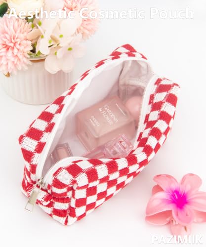 Checkered Makeup Bag for Purse, Small Travel Cosmetic Pouch,Christmas Red - color: Christmas Red