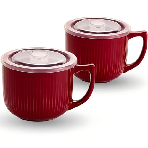Ceramic Soup Bowl with Handle & Lid, 32oz Microwave Ramen Bowl Set of 2 - color: Burgundy Red 2 pcs-32, size: 32 OZ