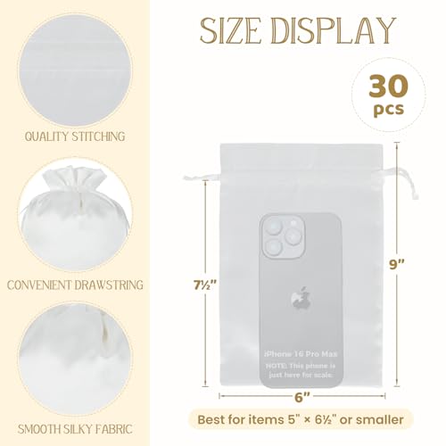 30Pcs Satin Gift Bags, 6x9 White Cloth Drawstring Pouch - color: White, size: 6×9 in