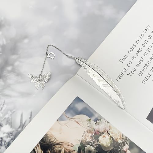 Initial Letter and Butterfly Charm Metal Feather Bookmark (Silver-D) - style: Silver-D