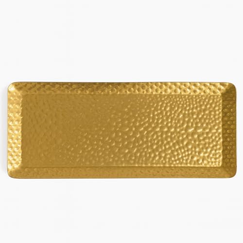 Hammered Rectangular Platter Serving Tray, Gold Stainless Steel Decorative Storage Tray, 9.8 x 4.3 Inch