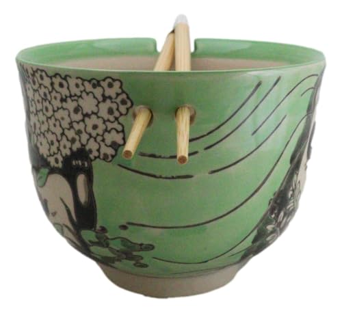 Ebros Gift Artistic Donburi Ramen Udon Noodles Soup Salad 5" D 18Oz Bowl With Bamboo Chopsticks And Built In Rest Set Asian Dining Kitchen Accent (Green Playful Panda With Flowers) - color: Green Playful Panda With Flowers