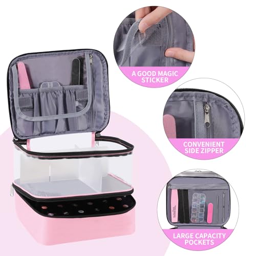 Clear Nail Polish Organizer Double layer Nail Polish Holds 30 Bottles and Nail Lamp, Nail Dryer Case Storage Supplies with Adjustable Dividers, Portable Nail Carrying Bag for Nail Tech (Pink) - color: 4.Pink