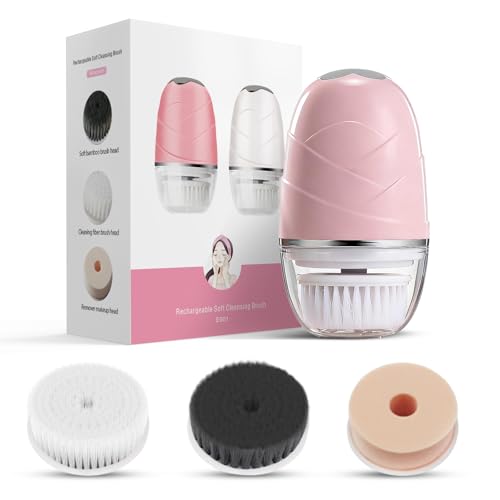 Facial Cleansing Brush, Mini Electric Face Scrubber, Waterproof Face Exfoliator Brush for Deep Cleansing, Portable Face Wash Brush for Travel, Easy to Carry, with 3 Brushheads for Women Mom Men