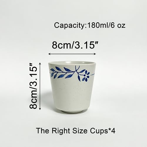 6 oz Chinese Tea Cups, Coffee Cups Ceramic, Handle-less Espresso Cups - color: Blue- Plants 1