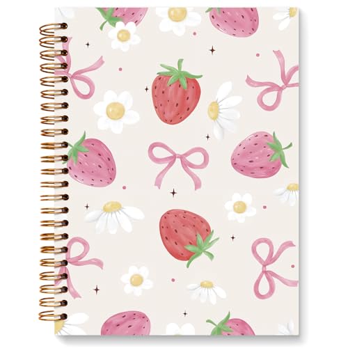 JXREQ Pink Bow Strawberry Notebook Journal for Women Girls Gifts, Strawberries Daisy Journaling Notebooks for Work Study, Girly Cute Spiral Notebooks 5.5x8.3 - color: Fruit 5