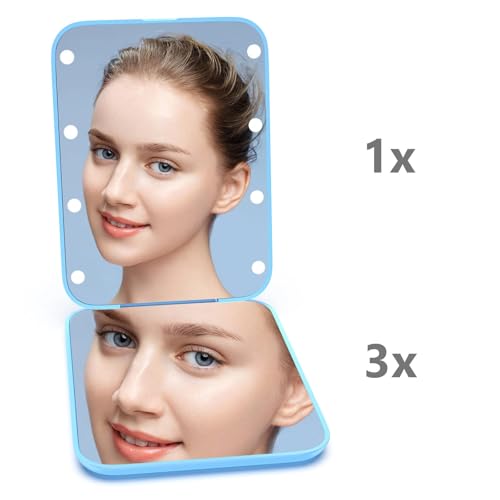 Kintion Pocket Mirror, 1X/3X Magnification LED Compact Mirror (Blue) - color: Blue