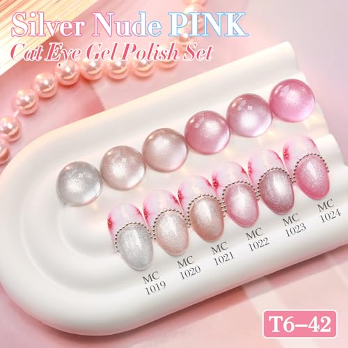 Double Rhythm Cat Eye Gel Nail Polish Set of 6 Same Color Same Bottle 0.5 Oz Shimmer Glitter with Magnet Holographic Reflective Magnetic UV Nail Polish Kit at Home (Silver Nude Pink-T6-42) - color: Light Pink