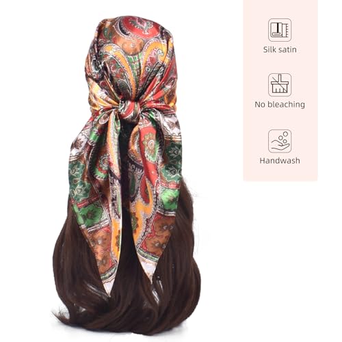 35 Inches Silk Head Scarf-Satin Hair Scarves Silk Bandana Scarf Headscarf for Women's Fashion Scarves - color: Cashews With Buddha-yellow