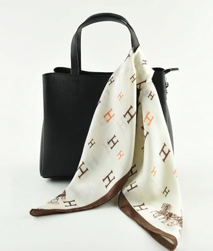 corciova Women’s Square Scarf 27.5 in (70 x 70 cm), Satin-Feel Polyester, Lightweight Fashion Scarf for Hair, Neck and Bag - color: Border Letter (Ivory / Brown)