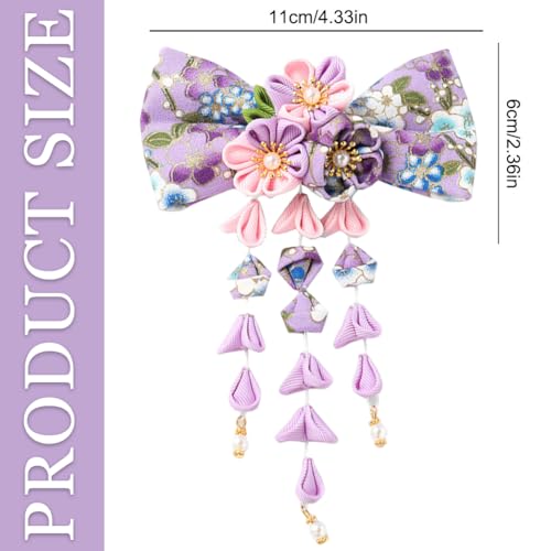 Umibow Japanese Kimono Flower Hair Clip Bowknot Tassel Hairpin Japanese Style Traditional Tsumami Kanzashi Hair Barrettes Hanfu Hair Pin Wedding Hair Accessories (Purple) - color: Purple
