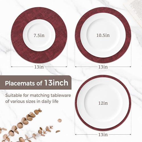 13" Round Placemats Set of 6, Reversible Faux Leather Wipeable Table Mats - color: Burgundy