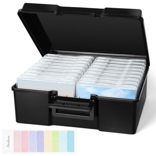 Photo Storage Box 5 x 7 Inches, 18 Inner Extra Large Photo Organizer With Dividers, Acid-Free Photo Storage Containers, Craft Storage Box for Protect Photos, Crafts, Seed, Stamps - color: Black+Clear