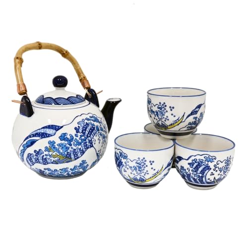 Urban Tokyo Hokusai Inspired Great Wave Porcelain Tea Set with Bamboo Handle, 30 oz Teapot with 4 Cups, Blue and White, Gift Box