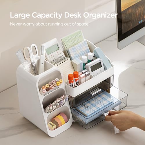 HBlife Desk Organizer with Pen Pencil Holder for Desk, Pen Organizer with 2 Drawers, Desk Organizers and Accessories with 4 Compartments, Desktop Storage for Office Home School Art Supplies, White - color: White