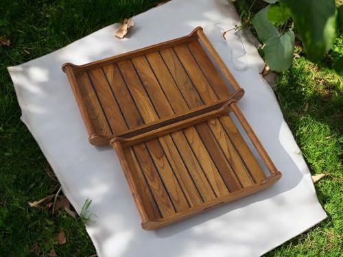 Vesta Homes Set of 2 Romper Teak Wood Rectangular Serving Tray for Home/Kitchen/Restaurant/Office Organizer/Dining Table|Premium Wooden Trays| 18 X 12 ; 15 x 10 inches | Handcrafted in India - size: 18" x 12"; 15" x 10"