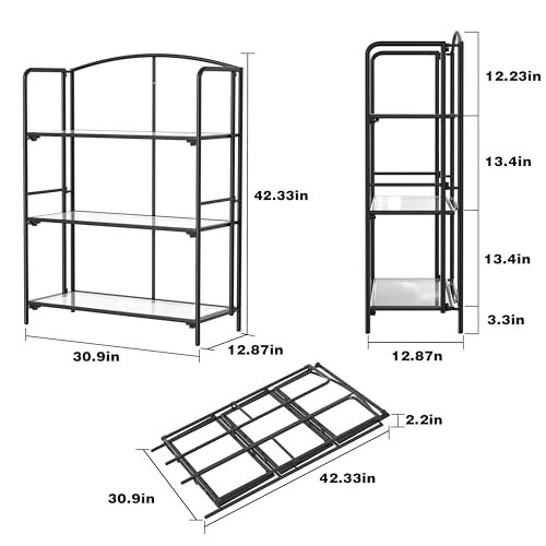 Crofy 3-Tier Wider Foldable Bookshelf, Black Frame & Transparent Shelves - color: Black Frame & Transparent Shelf, size: 3 Tier Wider