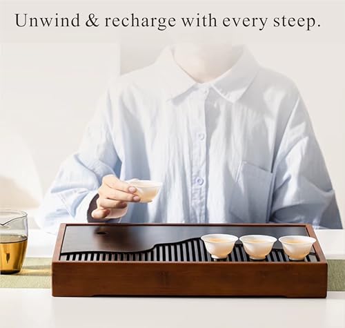 Bamboo Tea Tray & Table Set - Chinese Gongfu Tea Serving Tray with Tea Brush, Compact & Portable (11.8 Inch) - color: Black Brown