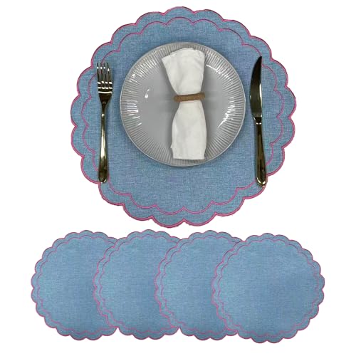 Linen Cotton Placemats Set of 4 Scalloped Flower Embroidery Place Mats 15'' Natural Linen Texture Fabric Machine Washable Table Mats for Restaurant Kitchen,Table Decor(Blue) - color: Blue