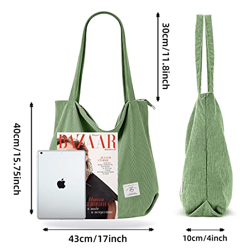 KALIDI Women Corduroy Tote Bag Zipper Casual Tote's Handbag Big Capacity Shoulder Bag with Pockets - color: G-green