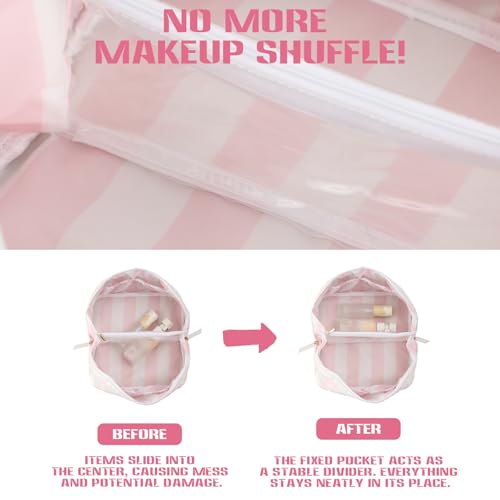 DYSHAYEN Travel Makeup Bag, White and Pink Striped - color: White-Pink