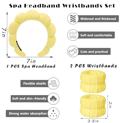 Spa Headbands for Washing Face Wristband Set Sponge Makeup Skincare Headband Wrist Towels Bubble Soft Terry Towel Cloth Hairband for Women Puffy Headwear Non Slip Thick Thin Hair Headwear (Yellow) - color: Yellow