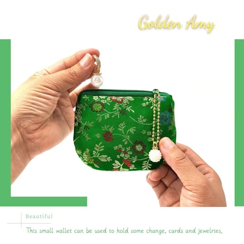 Handmade Women Coin Purse Brocade Zipper Wallet Rosary Pouch Silk Jewelry Bag - Green - color: Green