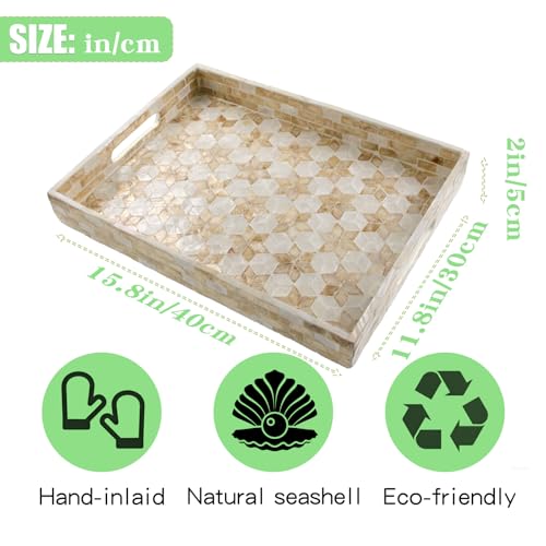 Rectangular Mother of Pearl Serving Tray, Handmade Ottoman Decorative Shell Tray with Handles for Fruit Bread Tea Breakfast Coffee Table Party Home Decor (White Gold Flower) - color: White Gold Flower