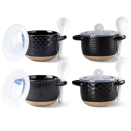 GBhome 22 Ounces Soup Bowls with Large Handles and Lids, Stoneware Bowls Set of 4 with Spoon for Soup, Cereal, Stew, Colourful Ceramic Kitchen Bowls, Microwave&Dishwasher Safe, Black - color: Black