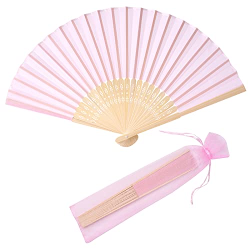 24pcs Imitated Silk Hand Fan Imitated Silk Fabric Bamboo Handheld Folded Fan Bridal Dancing Props Church Wedding Party Favors with Organza Bags (Pink) - color: Pink
