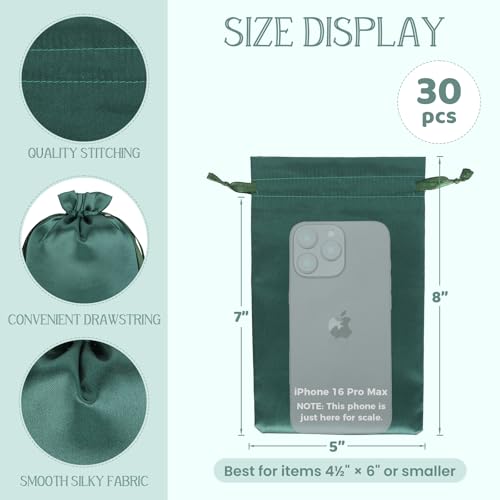 30Pcs Satin Gift Bags, 5x8 Green Cloth Drawstring Pouch - color: Green, size: 5×8 in