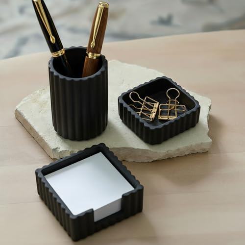 Modern Aesthetic Desk Accessories Set of 3 - Stylish Concrete Organizers - color: Black